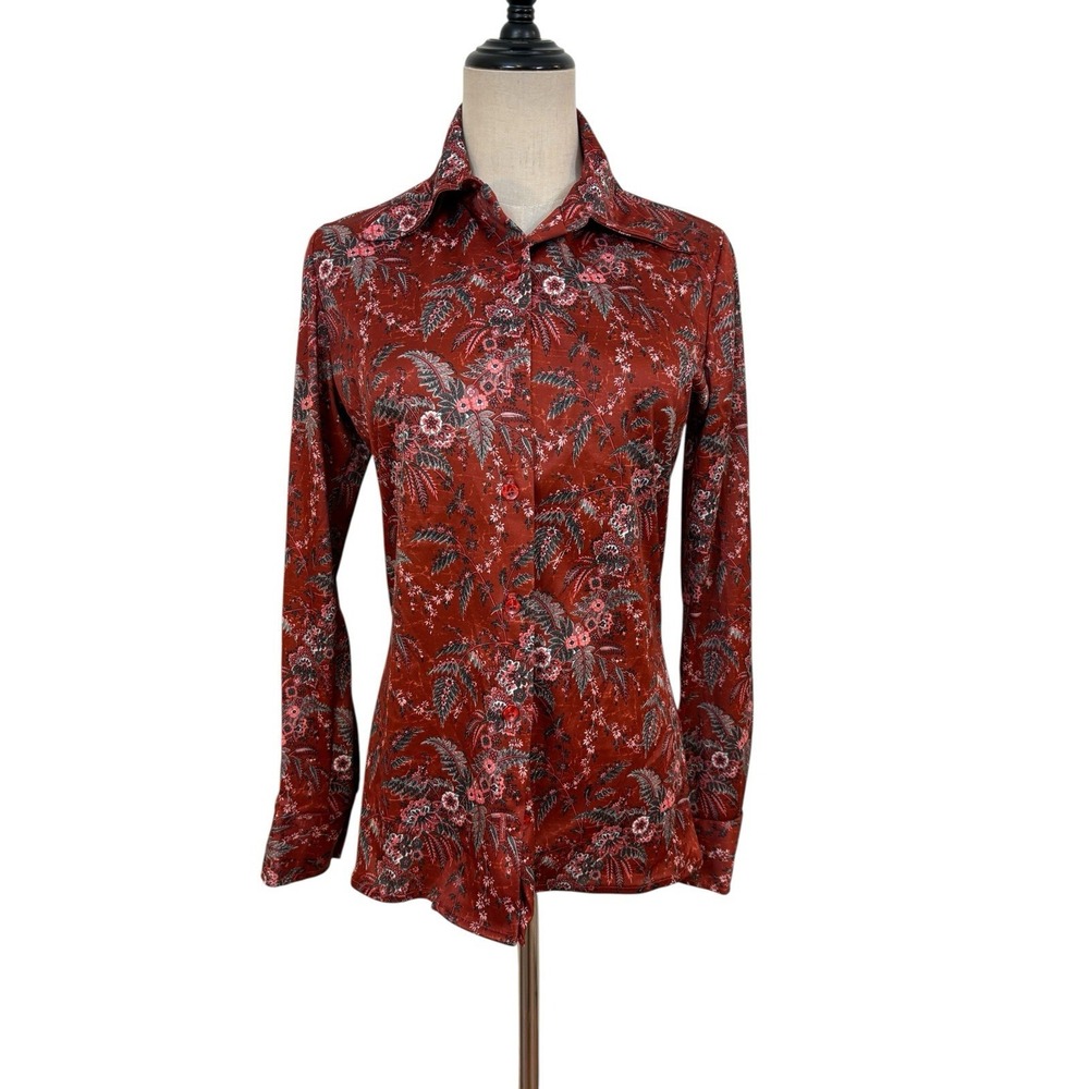 Vtg 70s Jantzen Button Up Shirt Sz M Floral Rust Point Collar Western Boho